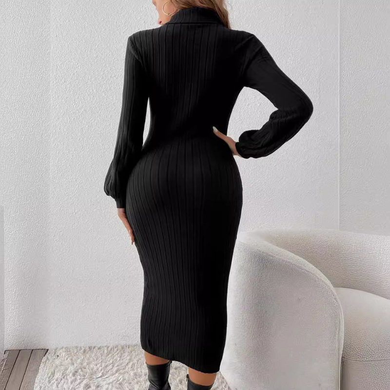 Midi Dress Women - Ribbed Turtleneck Fitted Long Sleeve | Classic