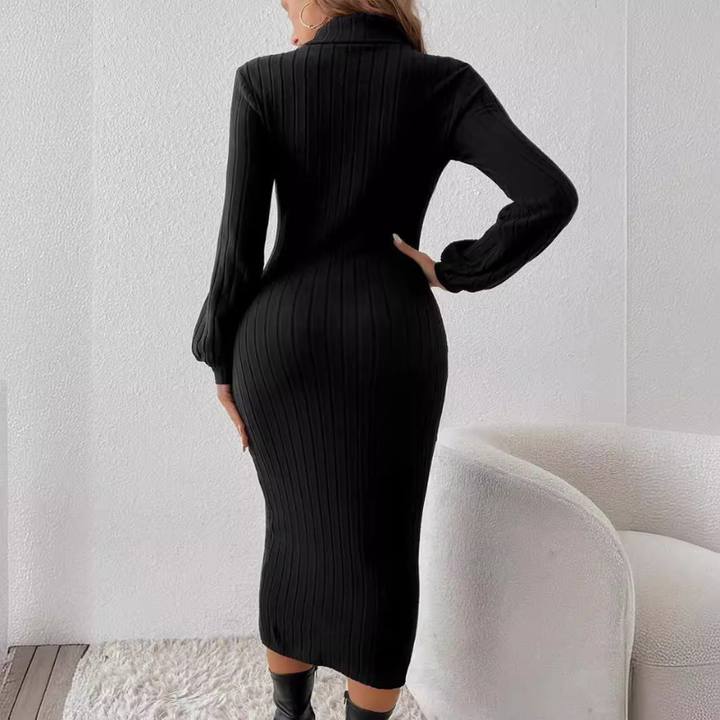 Midi Dress Women - Ribbed Turtleneck Fitted Long Sleeve | Classic