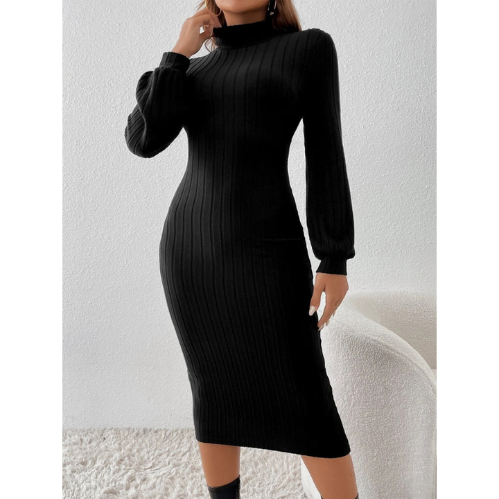 Midi Dress Women - Ribbed Turtleneck Fitted Long Sleeve | Classic