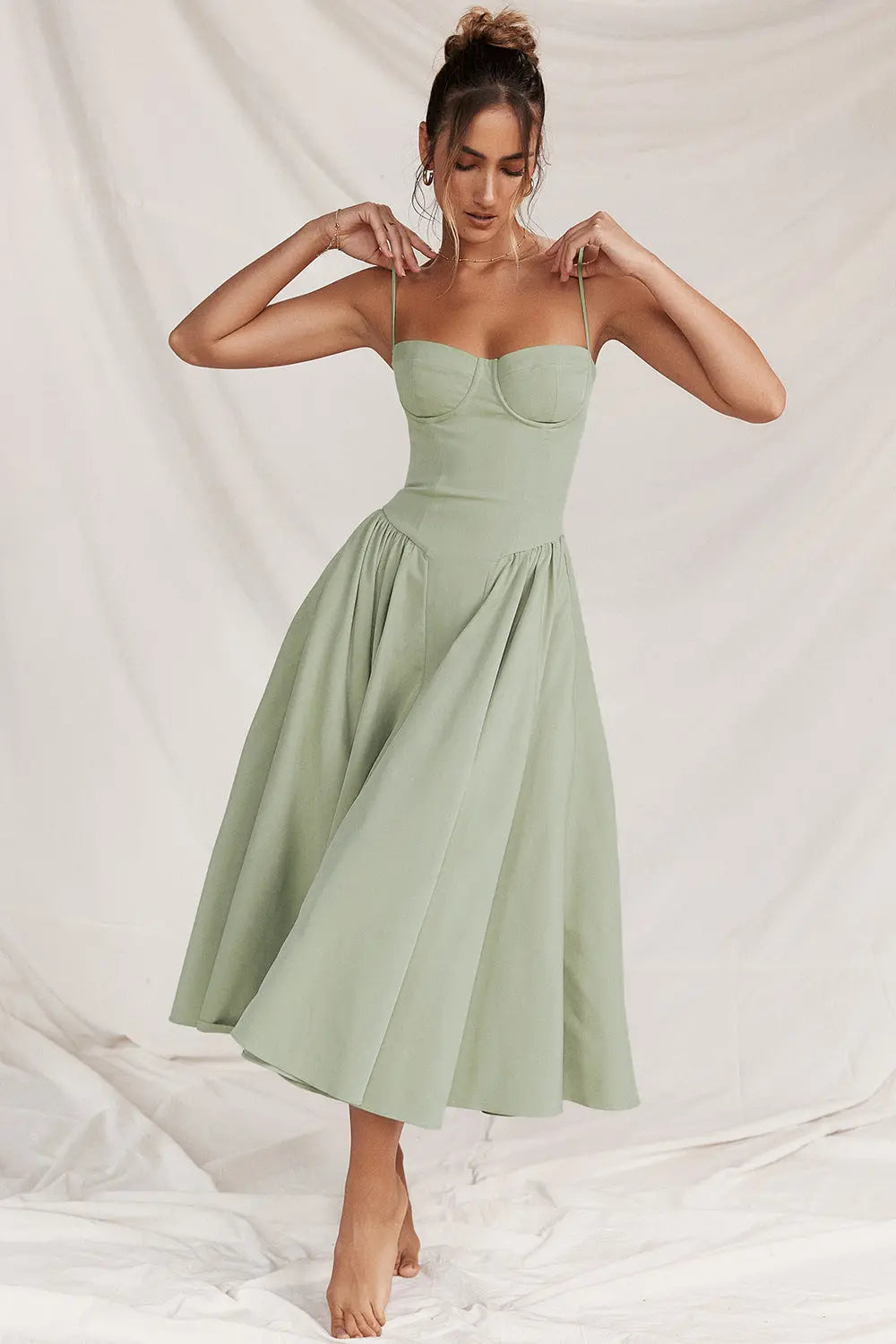 Midi Dress Women - Corset Bodice Full A-Line Straps | Elegant
