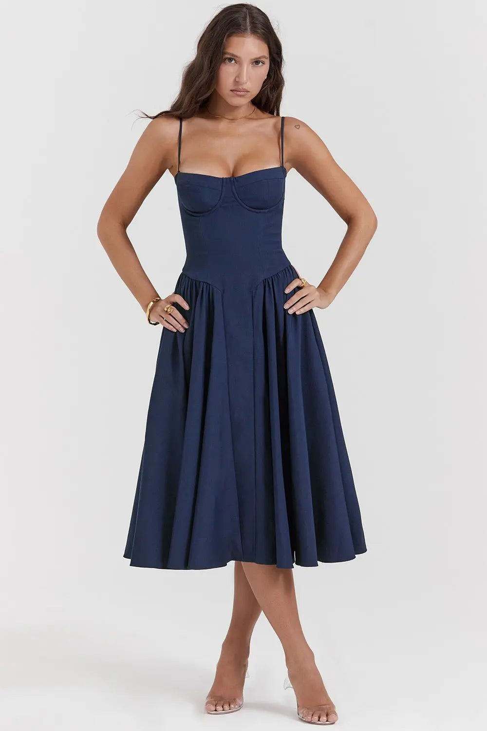 Midi Dress Women - Corset Bodice Full A-Line Straps | Elegant