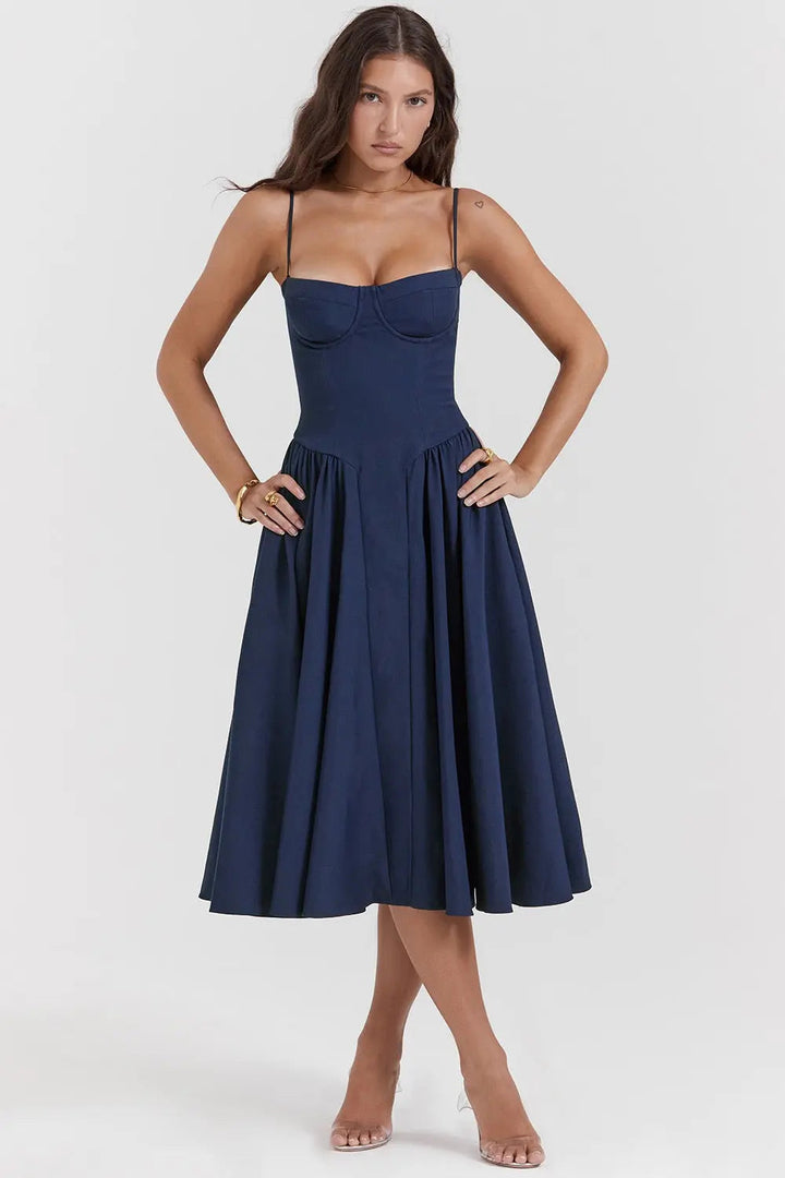 Midi Dress Women - Corset Bodice Full A-Line Straps | Elegant