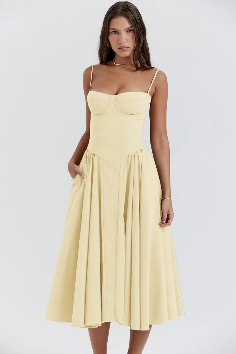 Midi Dress Women - Corset Bodice Full A-Line Straps | Elegant