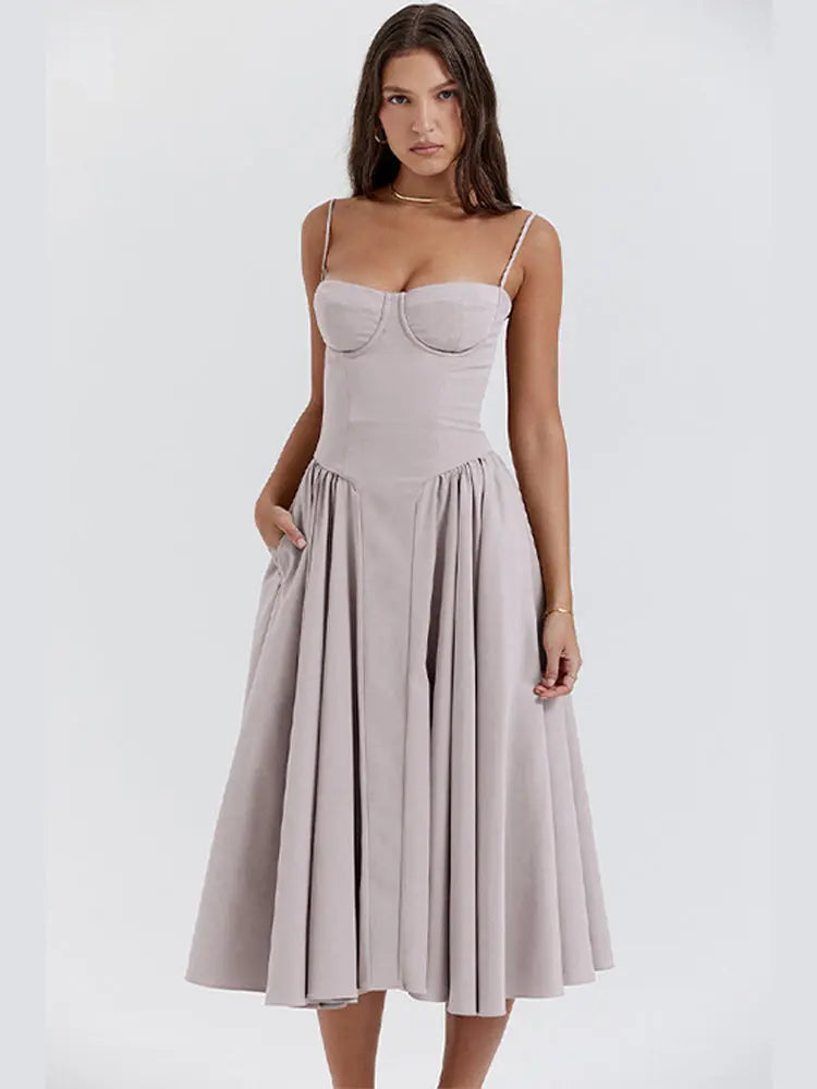 Midi Dress Women - Corset Bodice Full A-Line Straps | Elegant