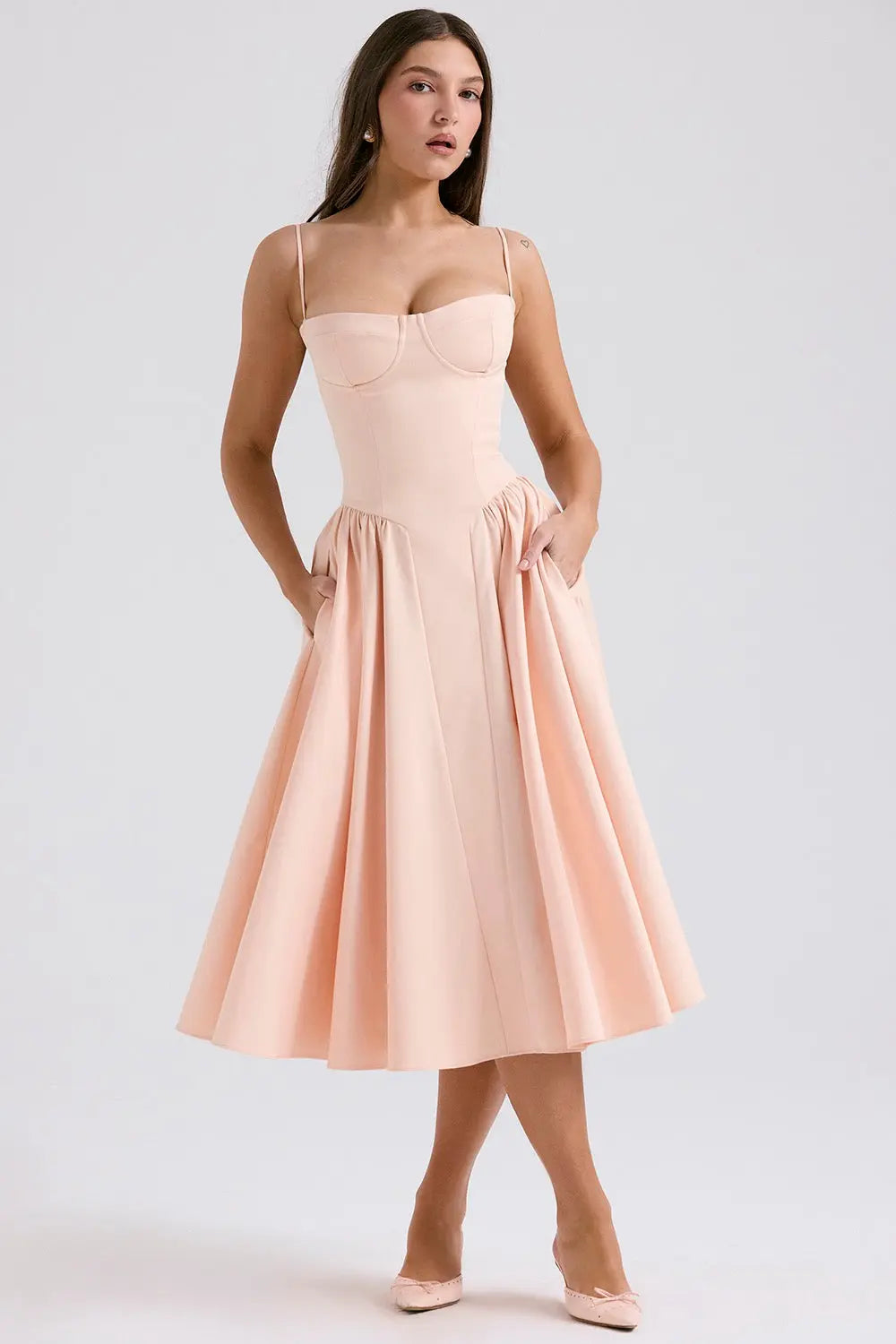 Midi Dress Women - Corset Bodice Full A-Line Straps | Elegant