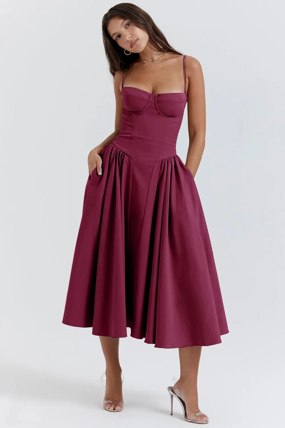 Midi Dress Women - Corset Bodice Full A-Line Straps | Elegant