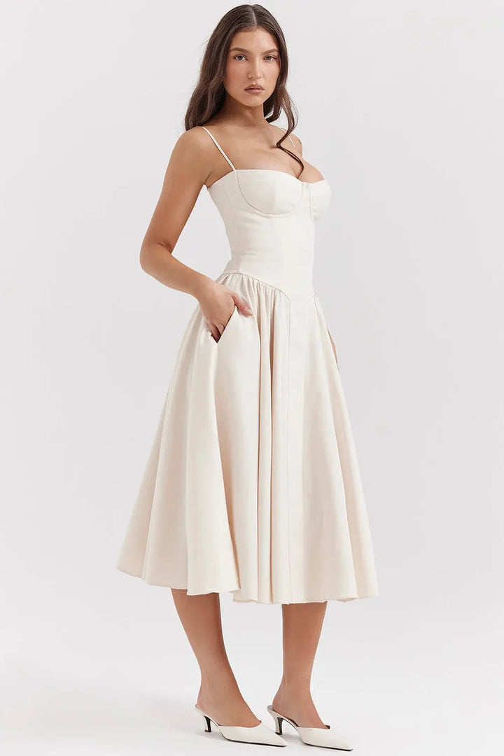 Midi Dress Women - Corset Bodice Full A-Line Straps | Elegant