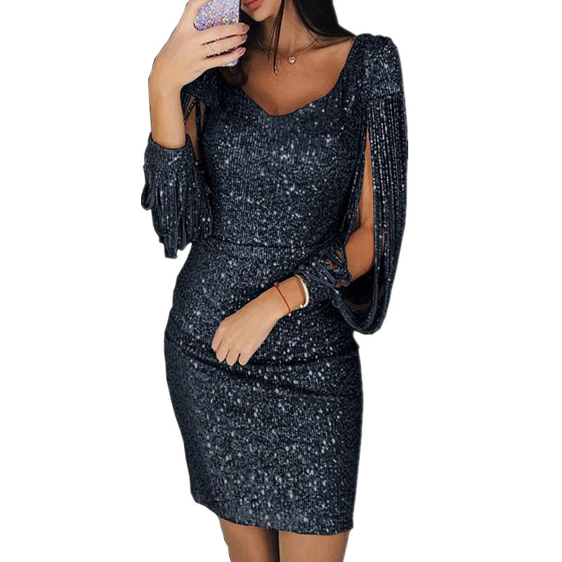 Mini Dress Women - Sequin Long Sleeve with Fringe Detail | Party