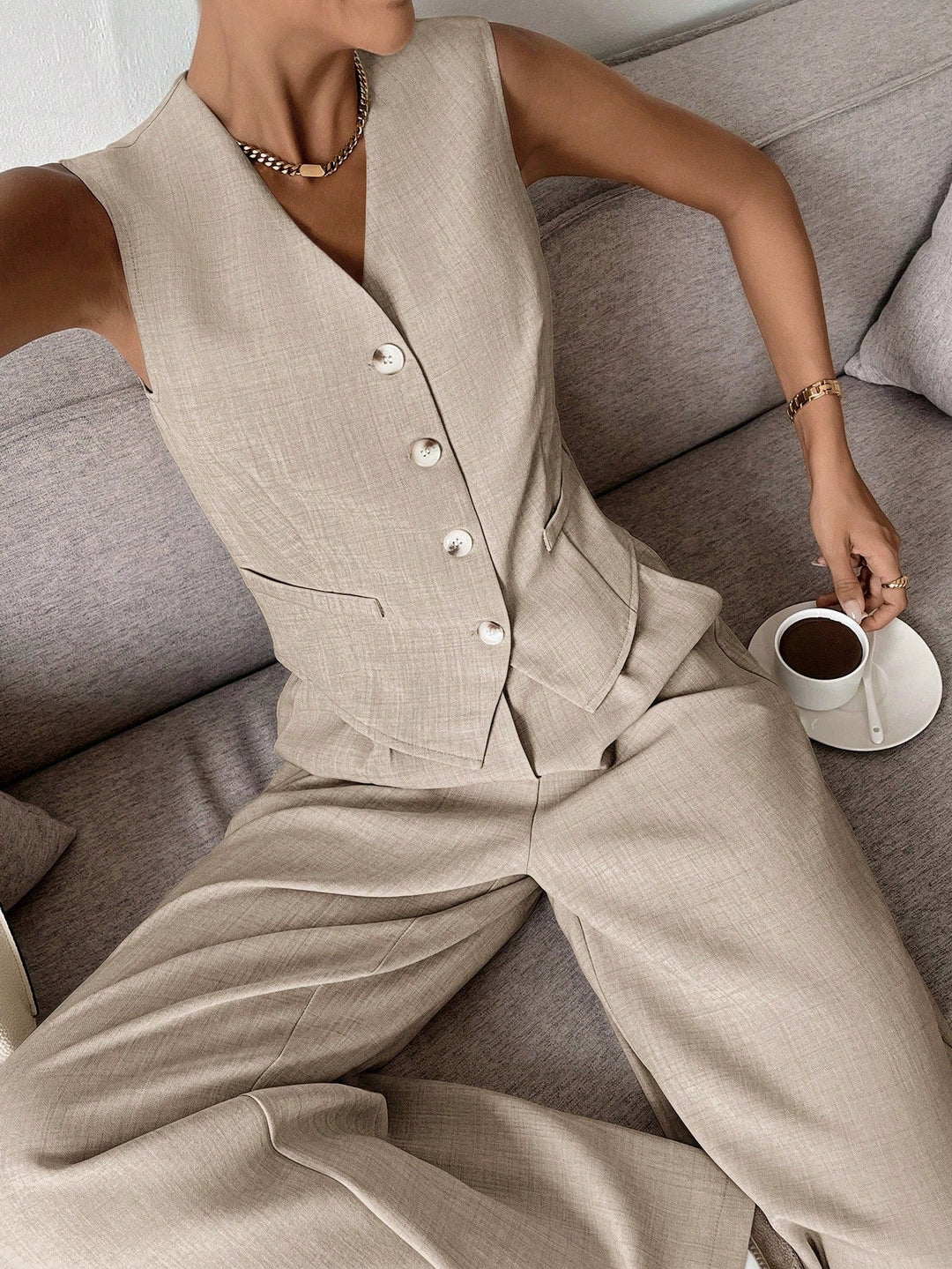 Co-ord Set Women - Button Vest and Wide Leg Trousers | Chic