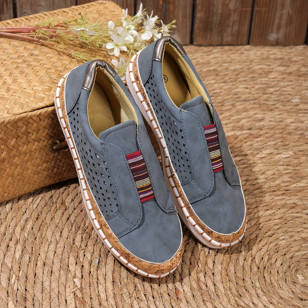 Women's Loafers - Slip-On Flat Perforated Detail Woven Trim | Casual