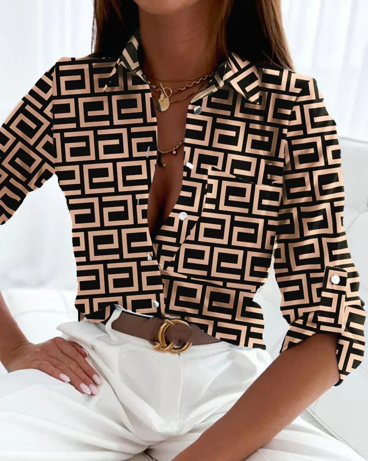 Women's Shirt - Geometric Print Long Sleeve | Smart Casual