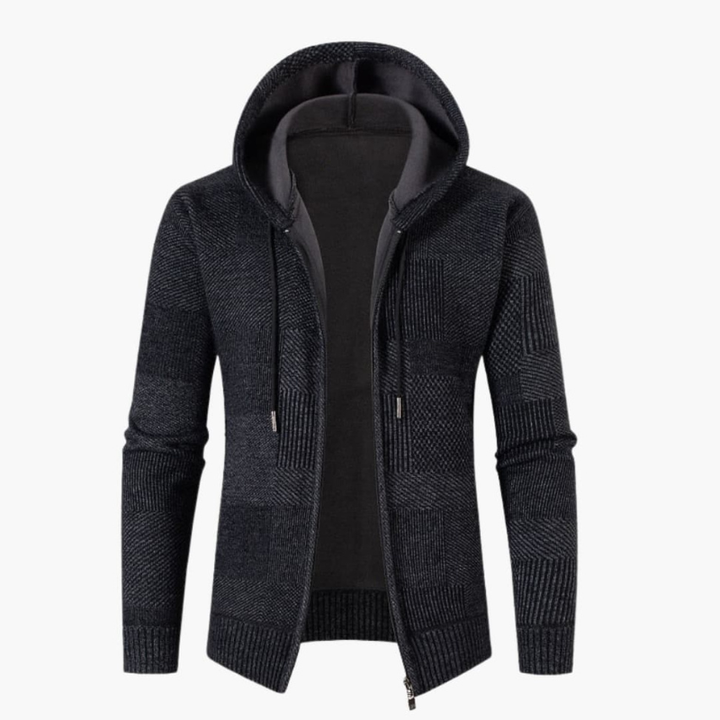 Men's Hoodie - Full Zip Knitted with Patchwork Texture | Casual
