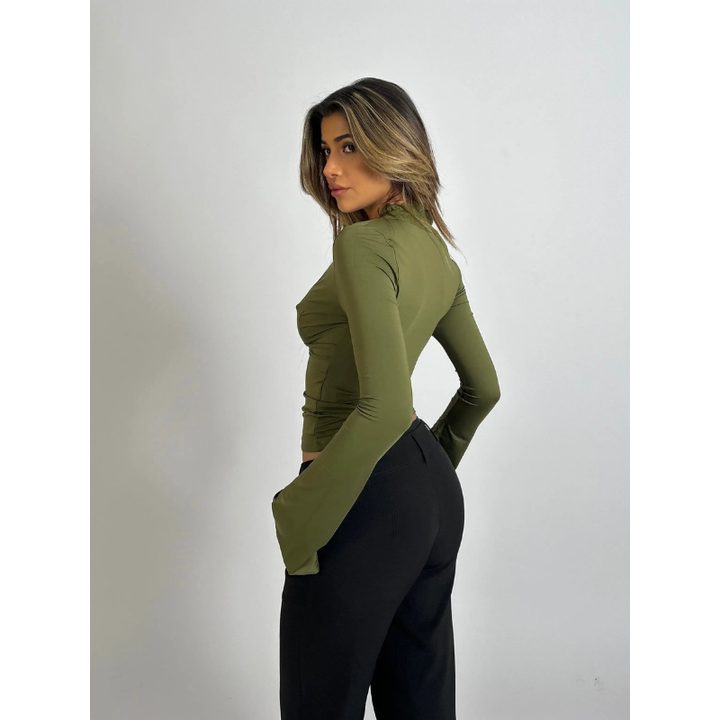 Crop Top Women - Long Sleeve V-Neck Lace Trim Flare Cuff | Chic