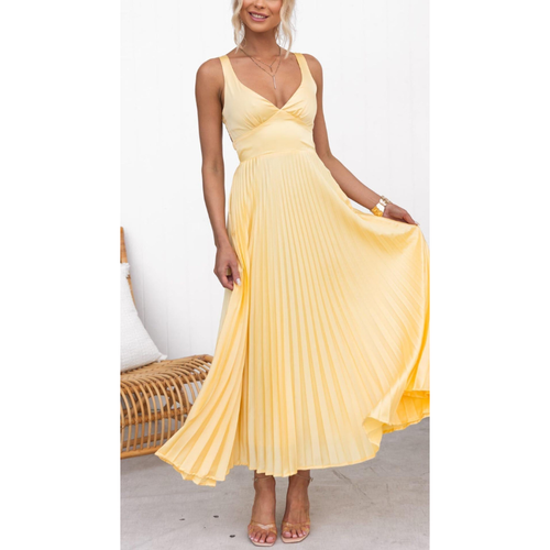 Midi Dress Women - V-Neck Strappy Pleated Skirt Twist Front | Elegant