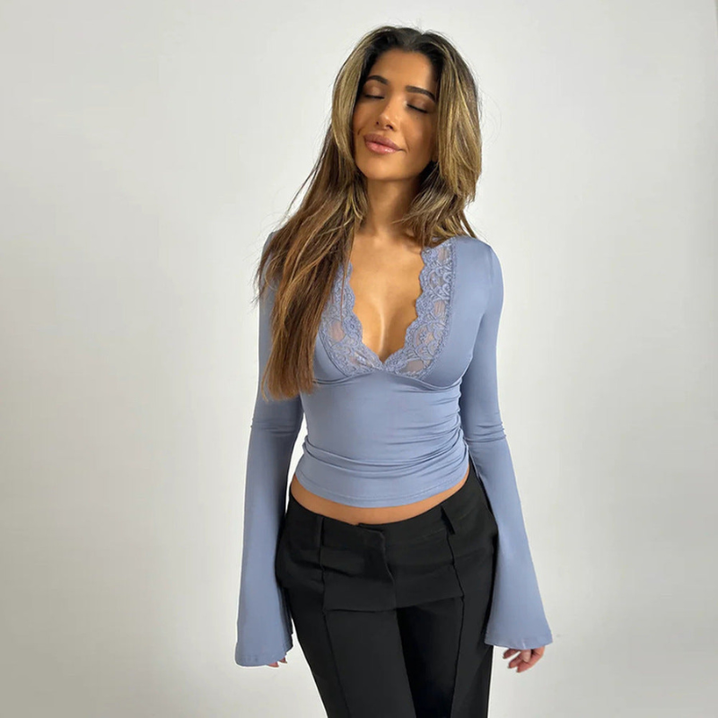 Crop Top Women - Long Sleeve V-Neck Lace Trim Flare Cuff | Chic