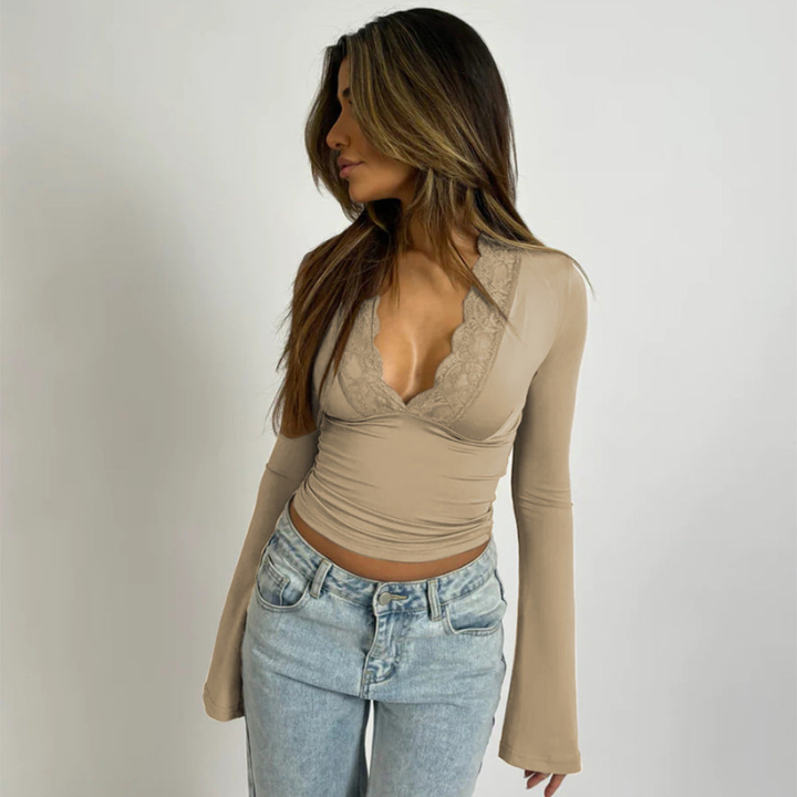 Crop Top Women - Long Sleeve V-Neck Lace Trim Flare Cuff | Chic