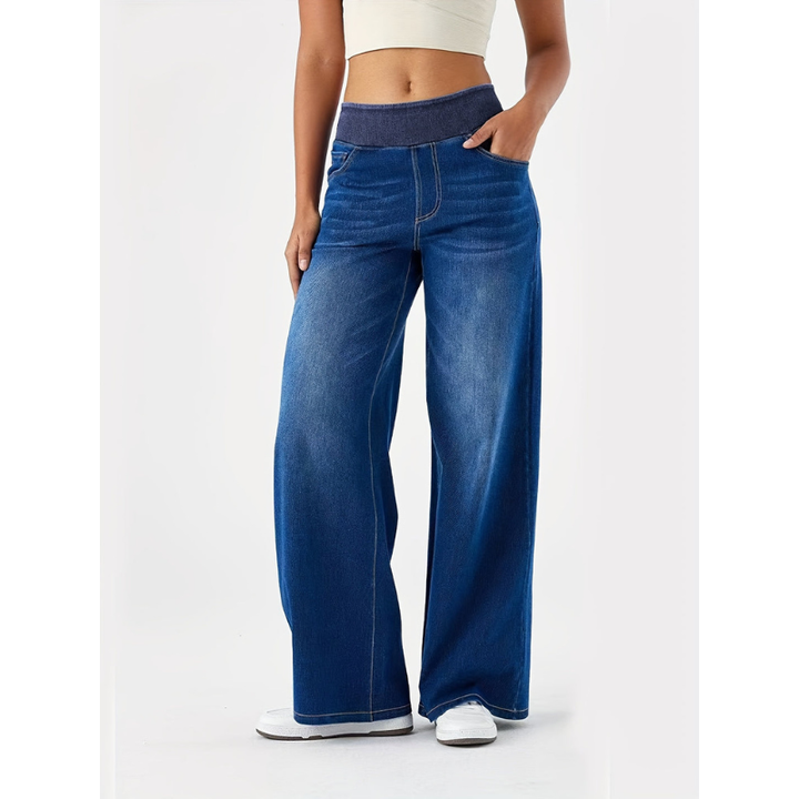 Women's Wide Leg Jeans - High Waist Contrast Waistband | Casual
