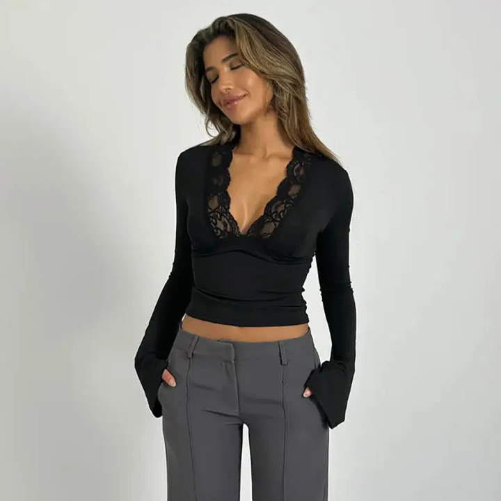 Crop Top Women - Long Sleeve V-Neck Lace Trim Flare Cuff | Chic