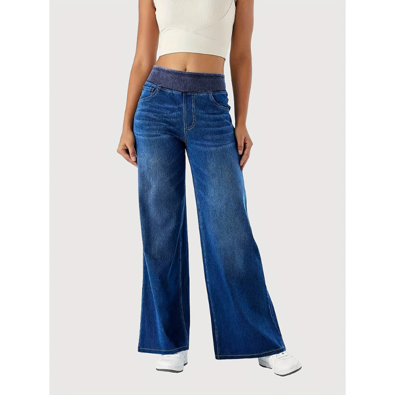Women's Wide Leg Jeans - High Waist Contrast Waistband | Casual