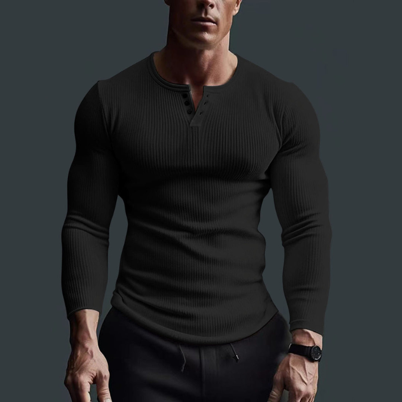 Men's T Shirt - Long Sleeve Slim Fit with Button Neck Detail | Casual