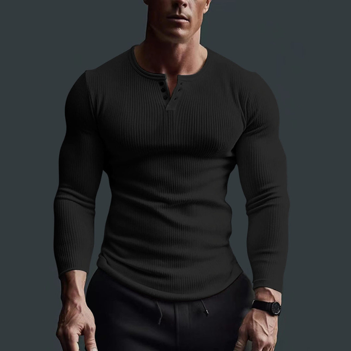 Men's T Shirt - Long Sleeve Slim Fit with Button Neck Detail | Casual