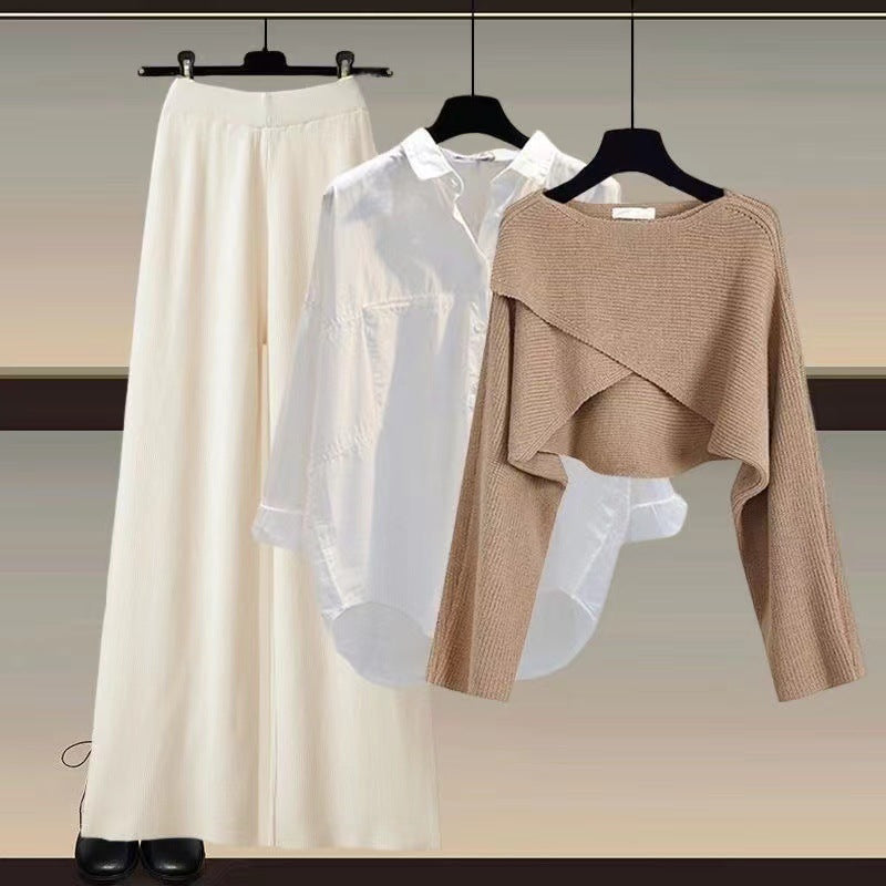 Women's Co-ord Set - Cropped Knit Top, Shirt and Wide Leg Trousers