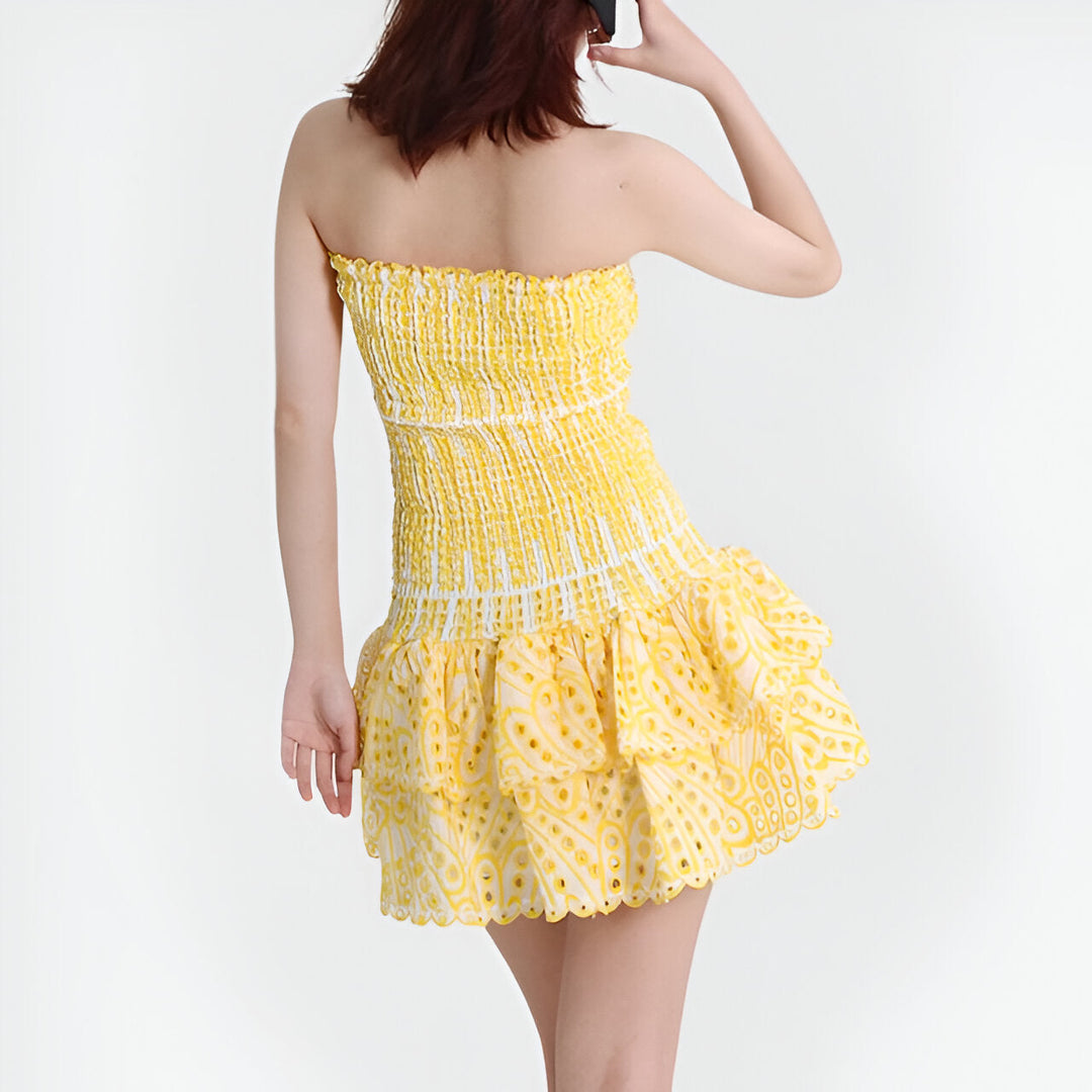 Mini Dress Women - Strapless Tiered Ruffle Smocked Bodice | Summer