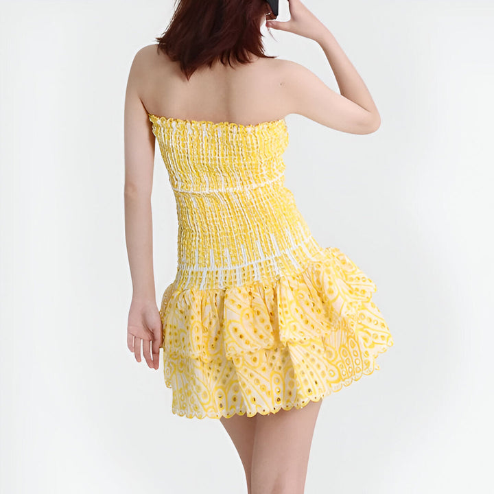 Mini Dress Women - Strapless Tiered Ruffle Smocked Bodice | Summer