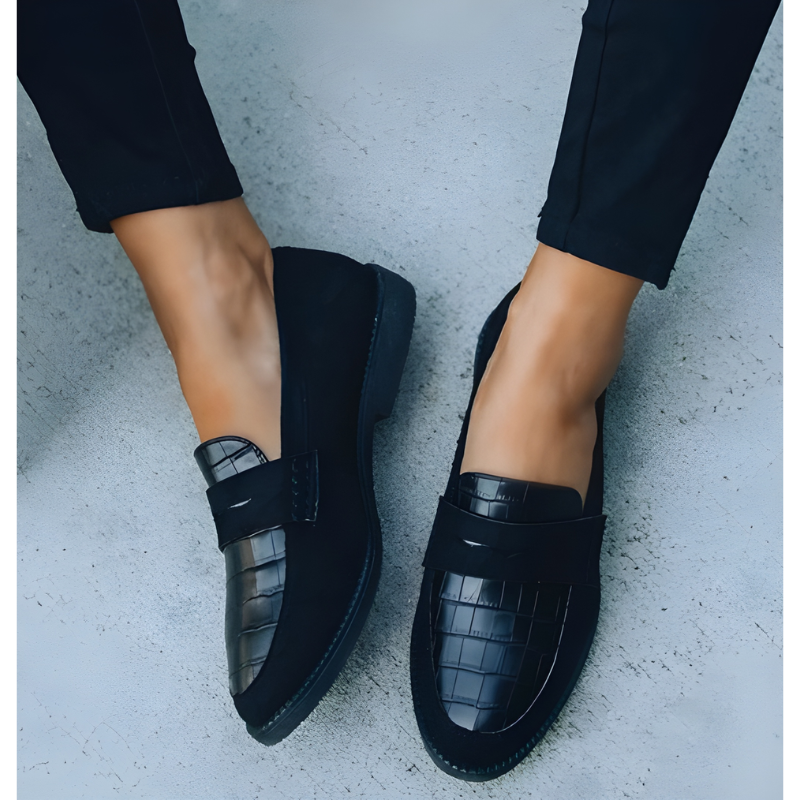 Women's Loafers - Flat Slip-On Croc Print Panel Round Toe | Smart Casual