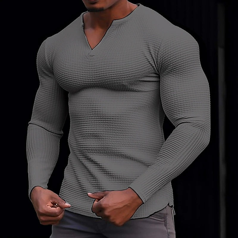 Men's T Shirt - Slim Fit Long Sleeve V-Neck with Ribbed Texture