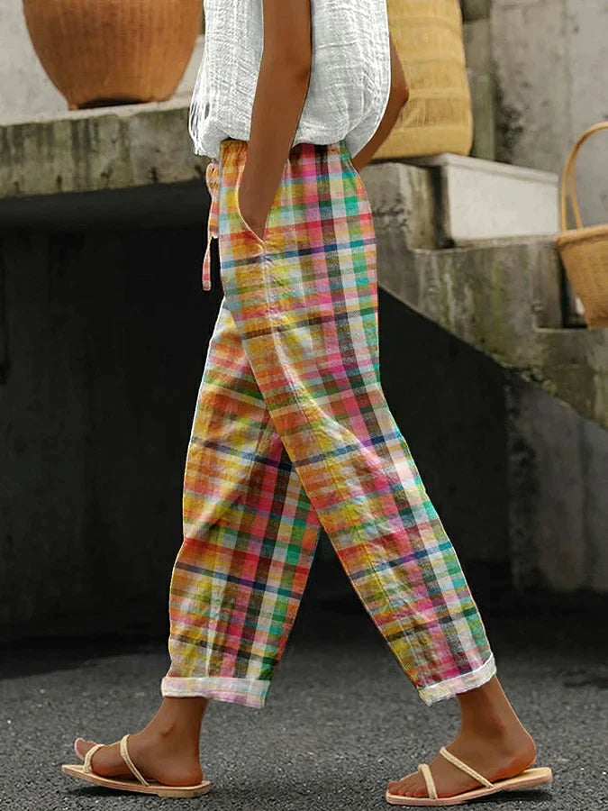 Women's Trousers - Cropped Wide Leg Checked Print with Pockets | Summer