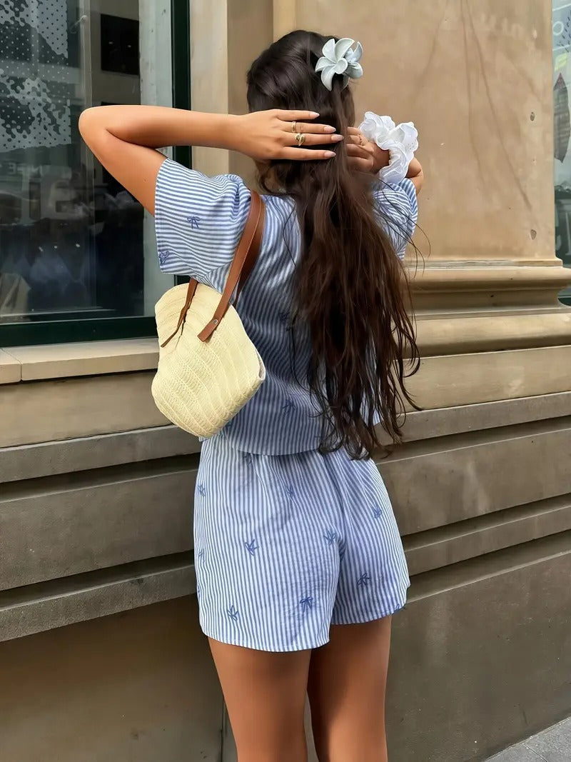 Women's Co-ord Set - Stripe Print Shirt and Shorts Matching Set | Summer