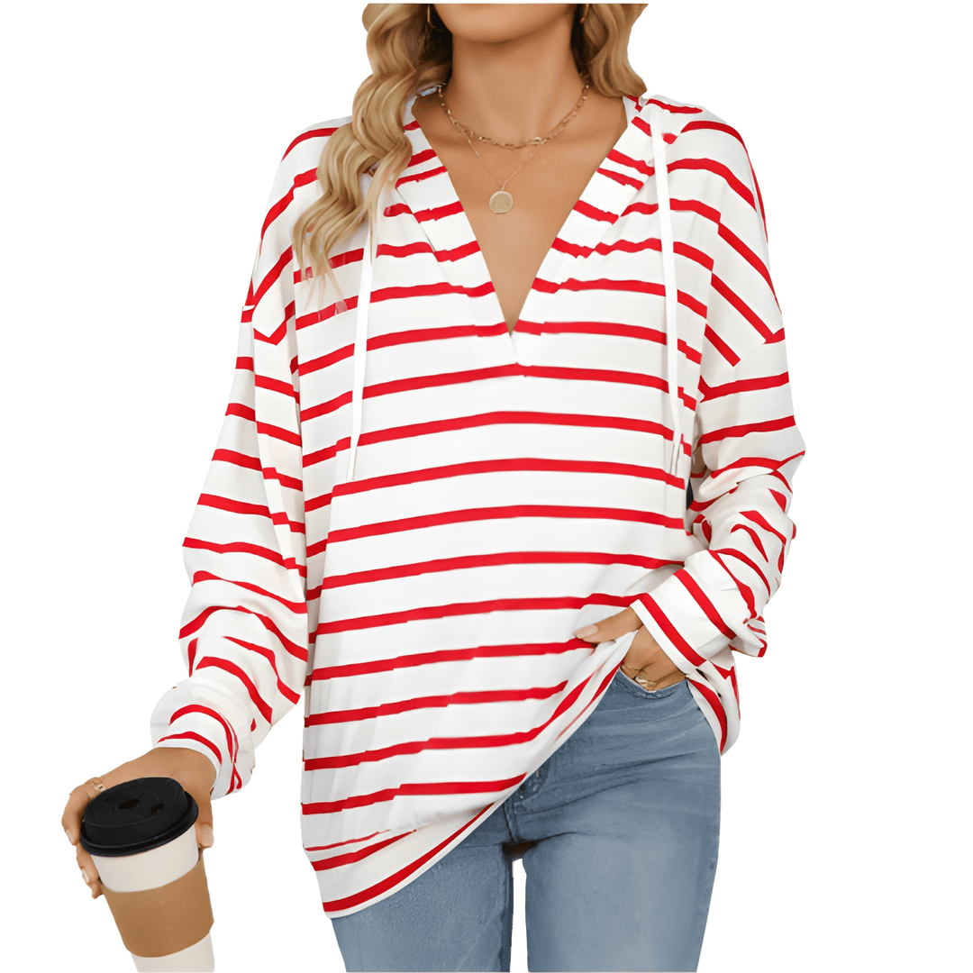 Women's Hoodie - Striped V-Neck Drawstring Long Sleeve Top | Casual