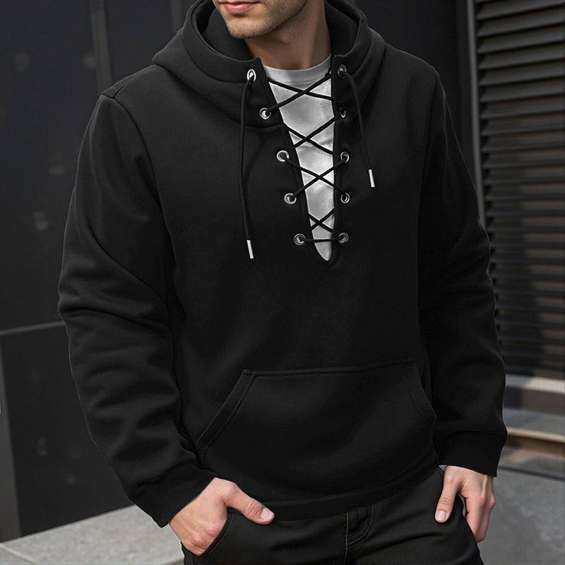 Men's Hoodie - Lace-up Front Detail Kangaroo Pocket | Casual