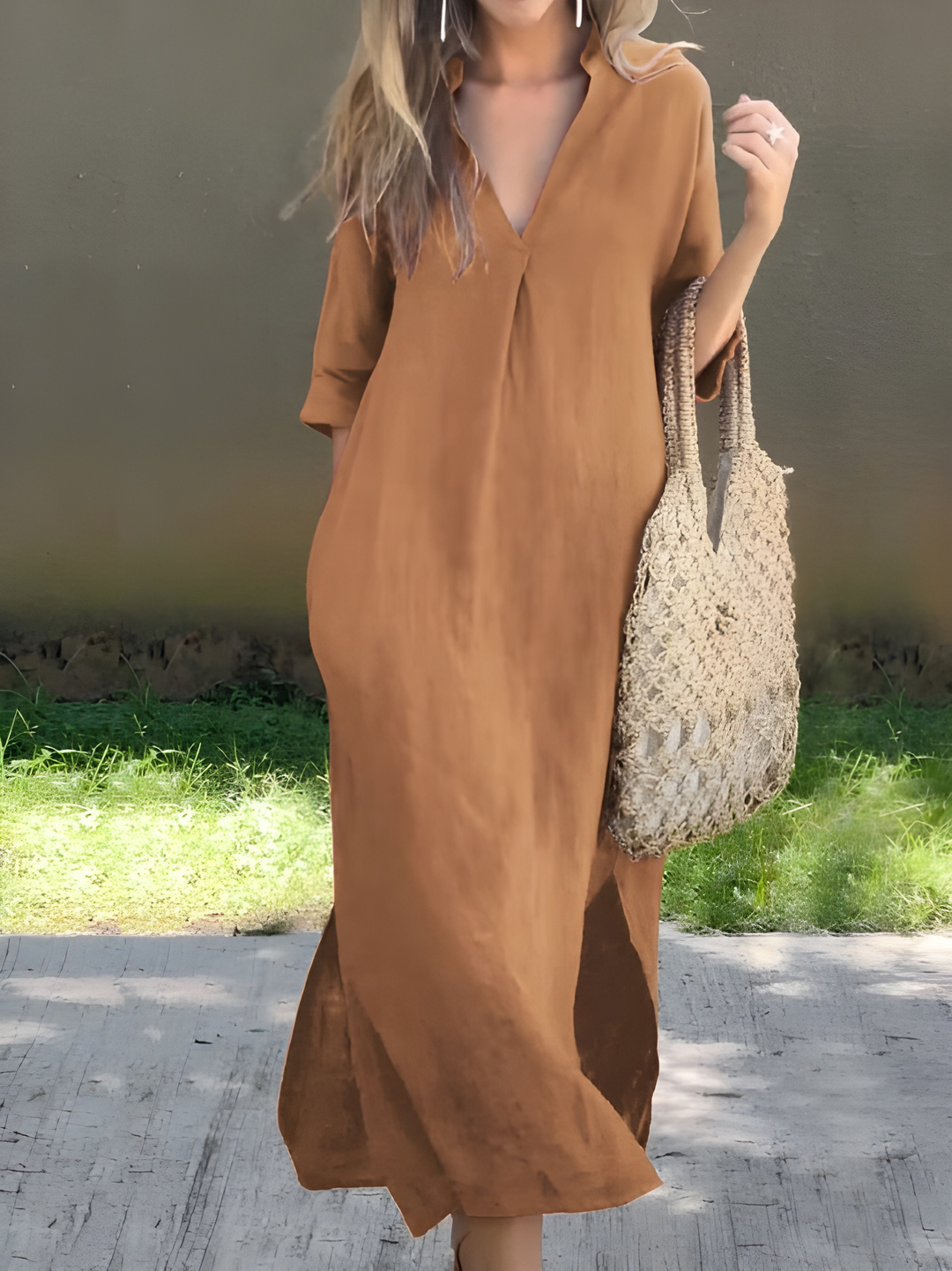 Maxi Dress Women - V-Neck Half Sleeve Relaxed Fit with Pockets | Casual
