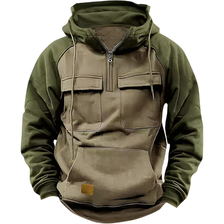 Men's Hoodie - Quarter Zip Contrast Sleeve Multi-Pocket | Casual