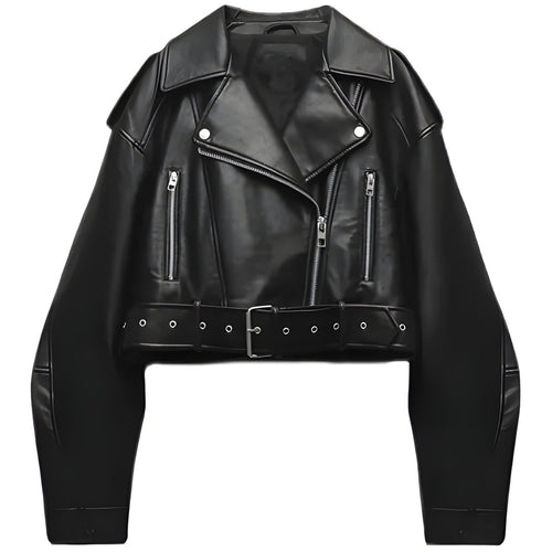 Biker Jacket Women - Cropped Oversized Belted Zip Up | Edgy
