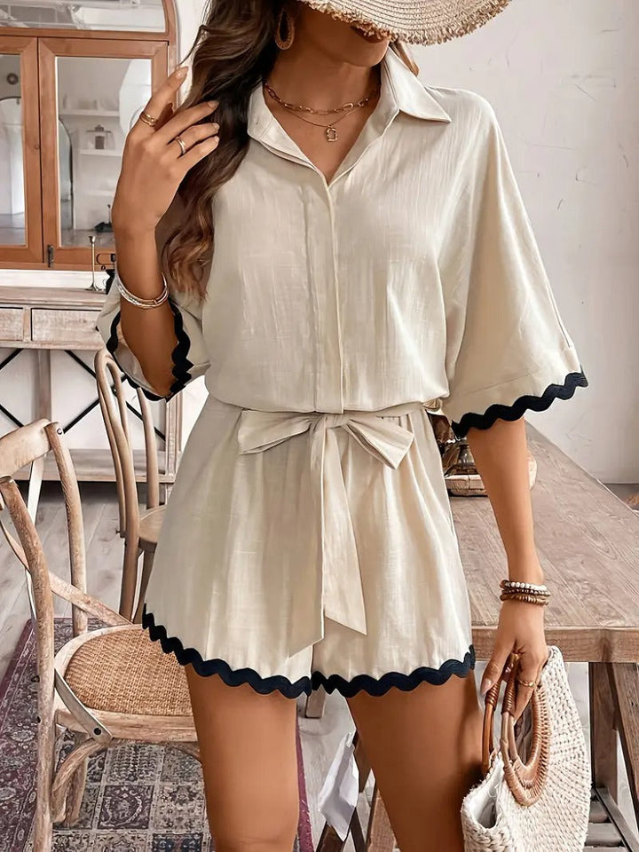 Women's Co-ord Set - Shirt and Shorts Contrast Trim Belted | Summer