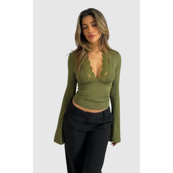 Crop Top Women - Long Sleeve V-Neck Lace Trim Flare Cuff | Chic