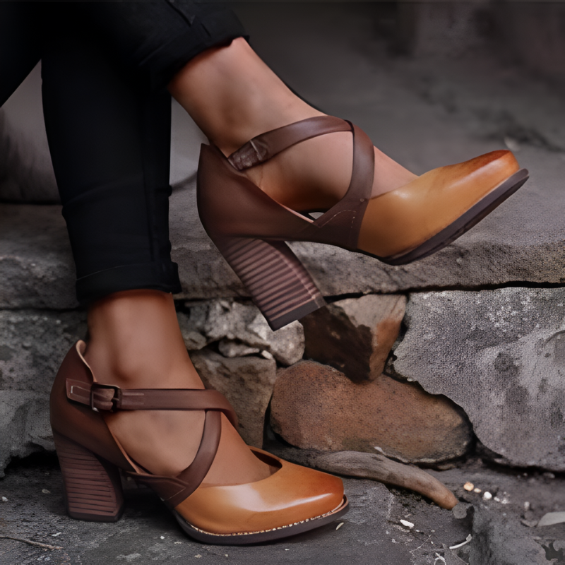 Heels Women - Block Heel Cross Strap with Buckle Detail | Elegant