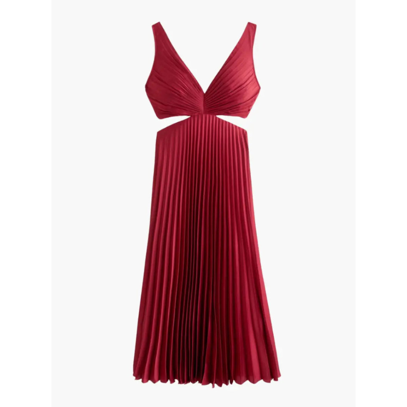 Midi Dress Women - V-Neck Strappy Cut Out Waist Pleated Skirt | Elegant