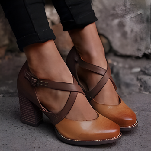 Heels Women - Block Heel Cross Strap with Buckle Detail | Elegant