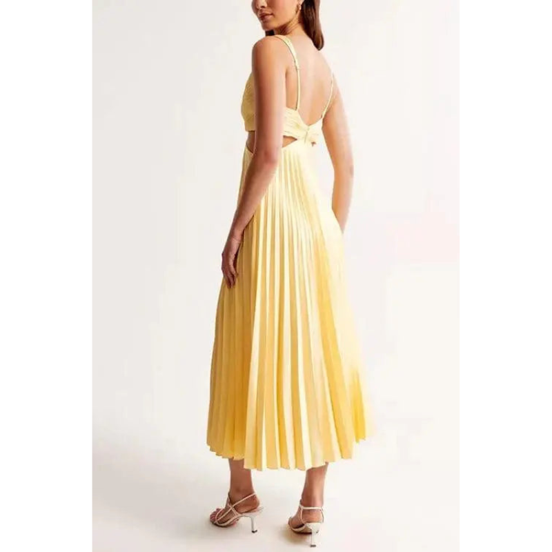 Midi Dress Women - V-Neck Strappy Cut Out Waist Pleated Skirt | Elegant