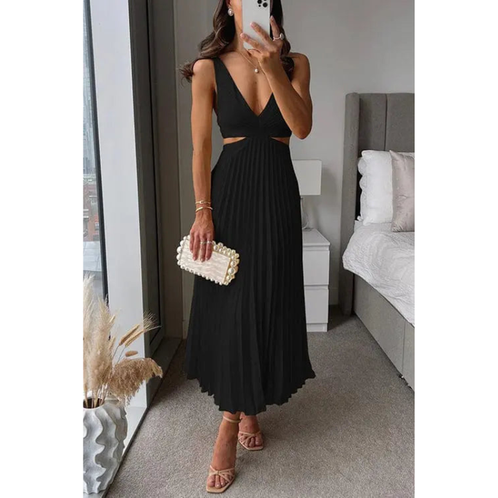 Midi Dress Women - V-Neck Strappy Cut Out Waist Pleated Skirt | Elegant