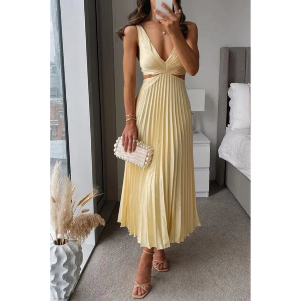 Midi Dress Women - V-Neck Strappy Cut Out Waist Pleated Skirt | Elegant
