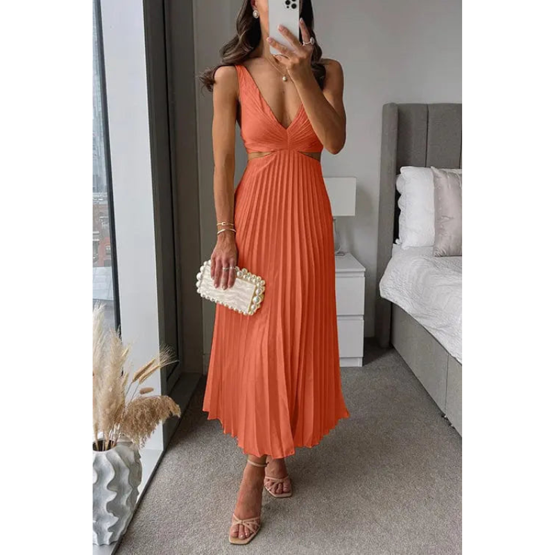 Midi Dress Women - V-Neck Strappy Cut Out Waist Pleated Skirt | Elegant