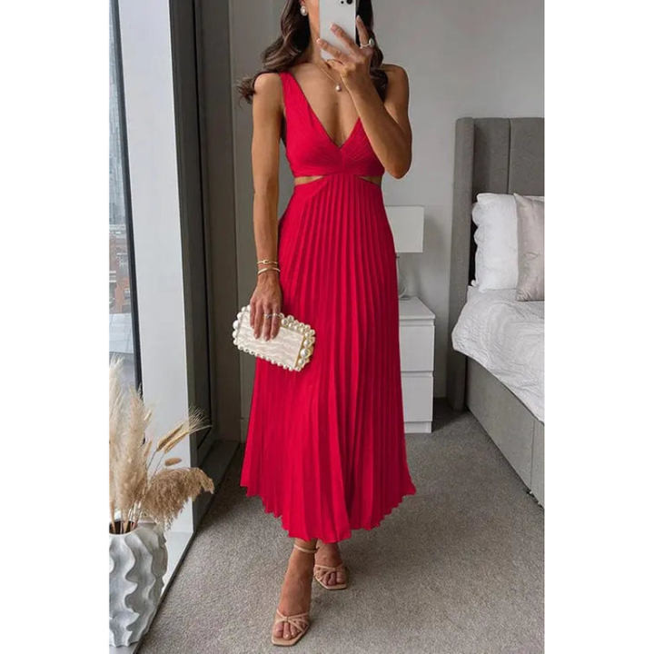 Midi Dress Women - V-Neck Strappy Cut Out Waist Pleated Skirt | Elegant