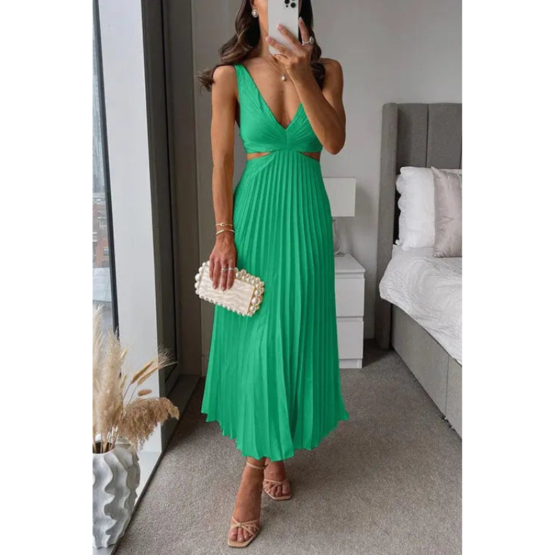 Midi Dress Women - V-Neck Strappy Cut Out Waist Pleated Skirt | Elegant