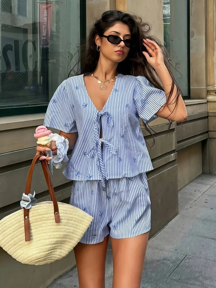 Women's Co-ord Set - Stripe Print Shirt and Shorts Matching Set | Summer