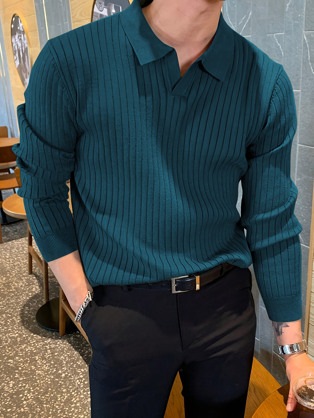Men's Polo Shirt - Long Sleeve Ribbed Knit Open Collar | Casual